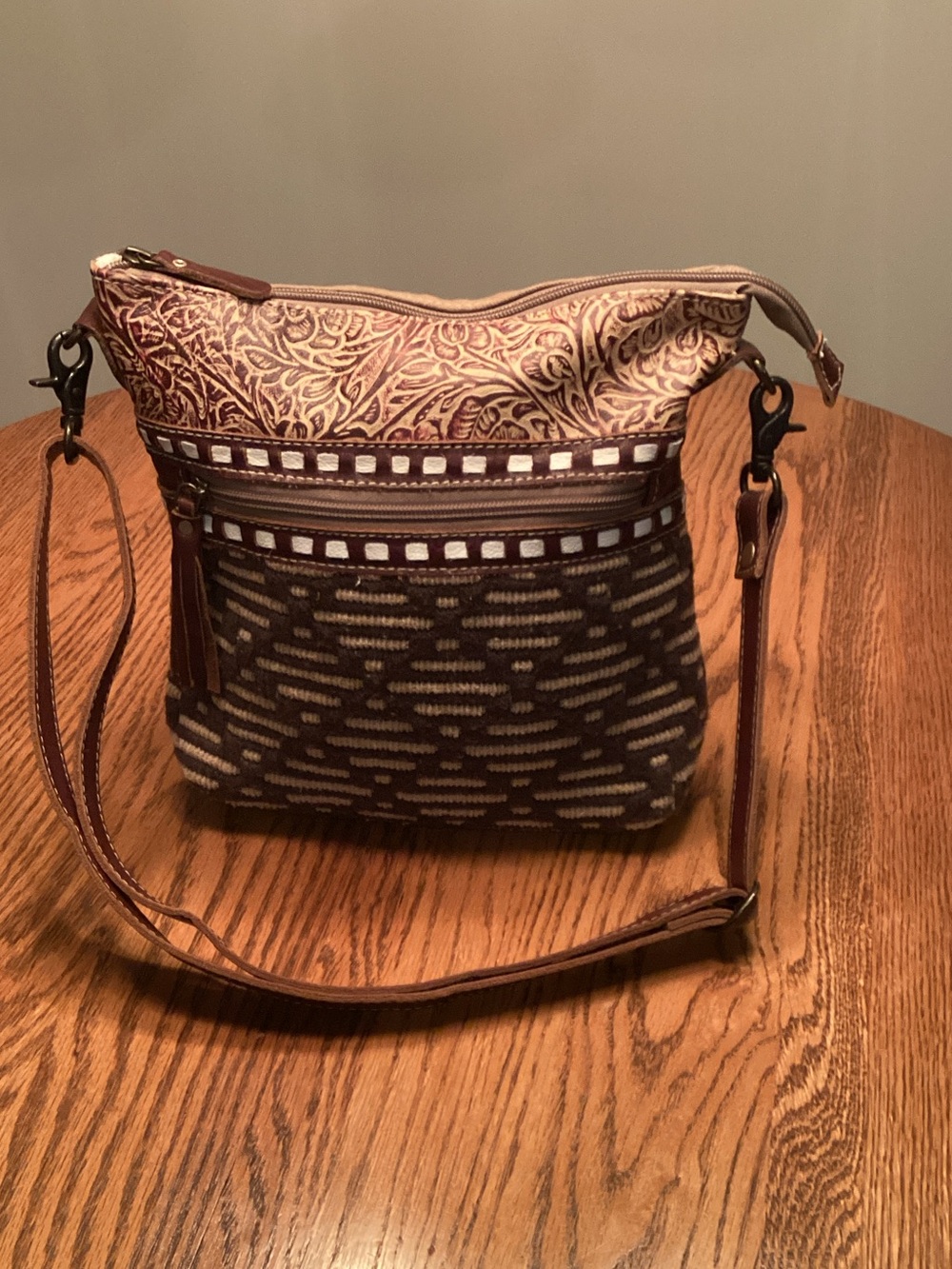 Myra Bag Brown and Taupe Patterned Crossbody